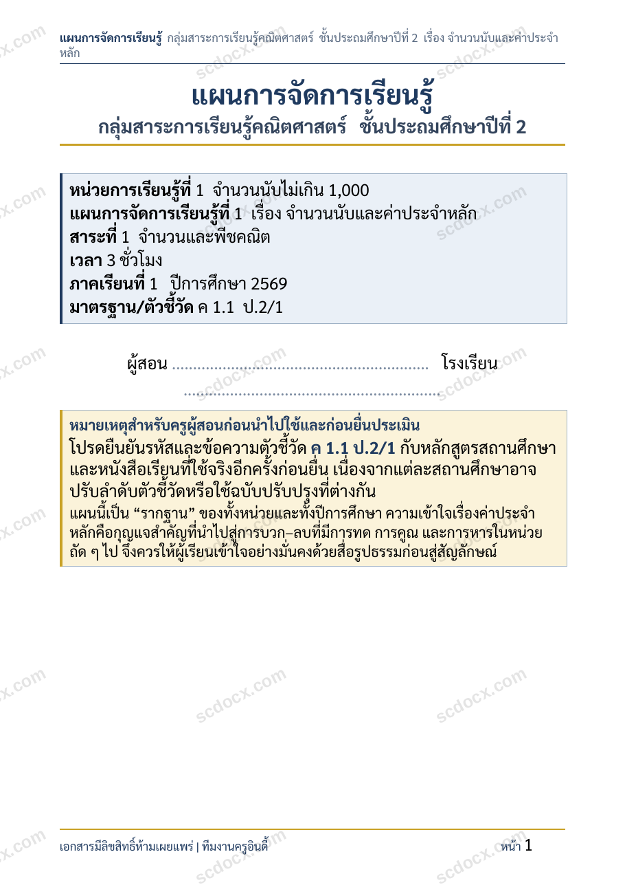 แผนการสอนประกอบการประเมิน ว.PA วิชาคณิตศาสตร์ แผนที่ 1 เรื่อง จำนวนนับและค่าประจำหลักไม่เกิน1000 ชั้น ป.2