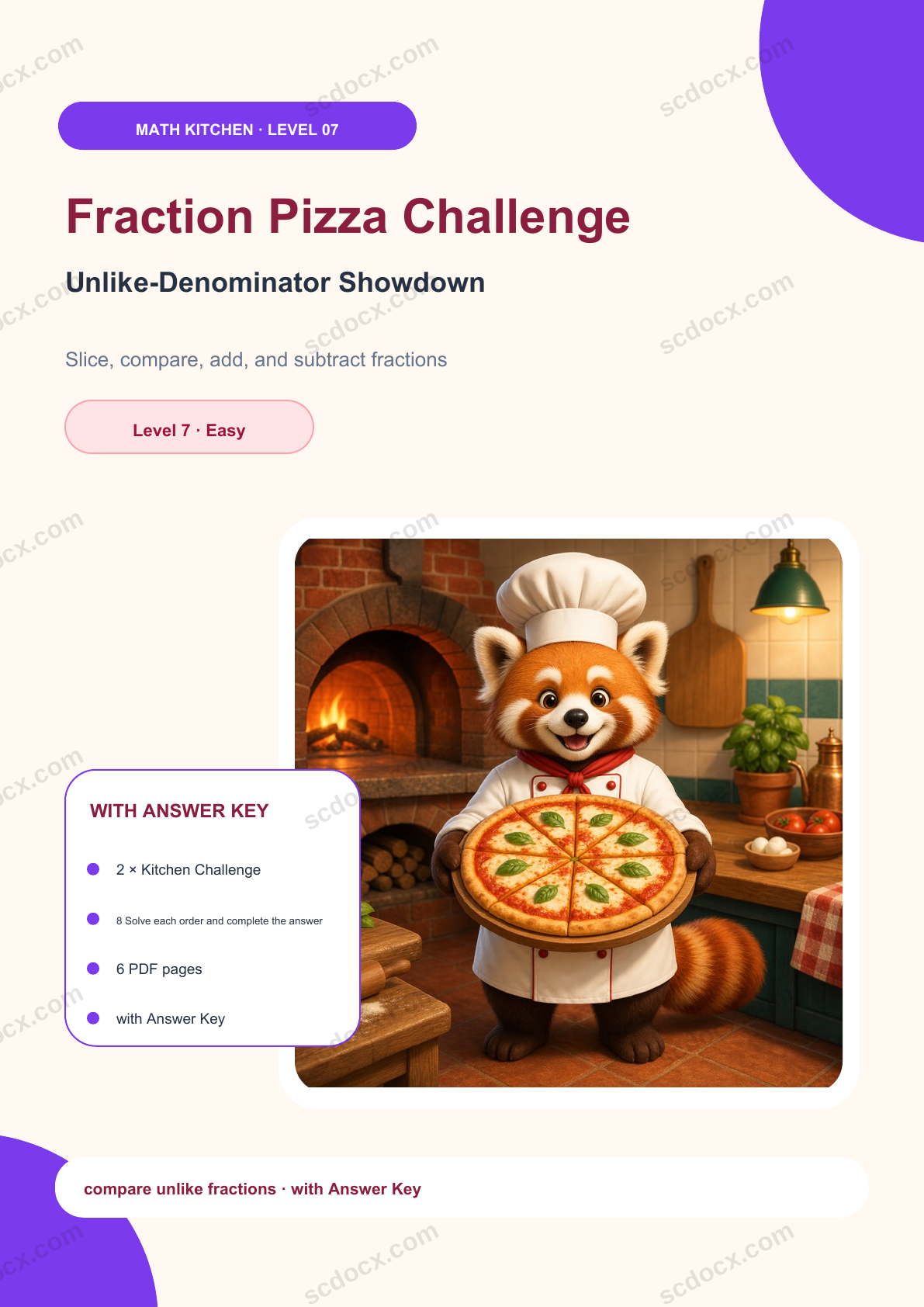 Fraction Pizza Challenge Level 7 | Unlike-Denominator Showdown with Answer Key