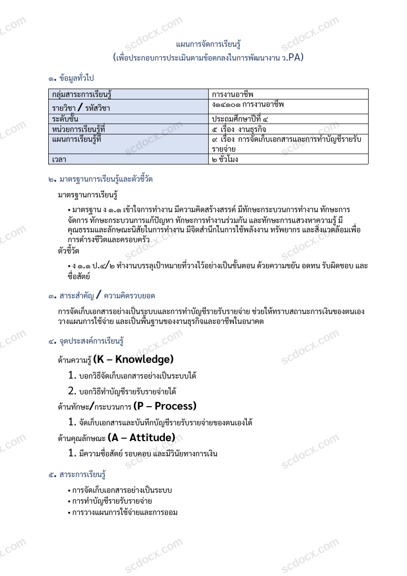 แผนการสอนประกอบการประเมิน ว.PA วิชาการงานอาชีพ แผนที่ 9 เรื่อง การจัดเก็บเอกสารและการทำบัญชีรายรับรายจ่าย ชั้น ป.4