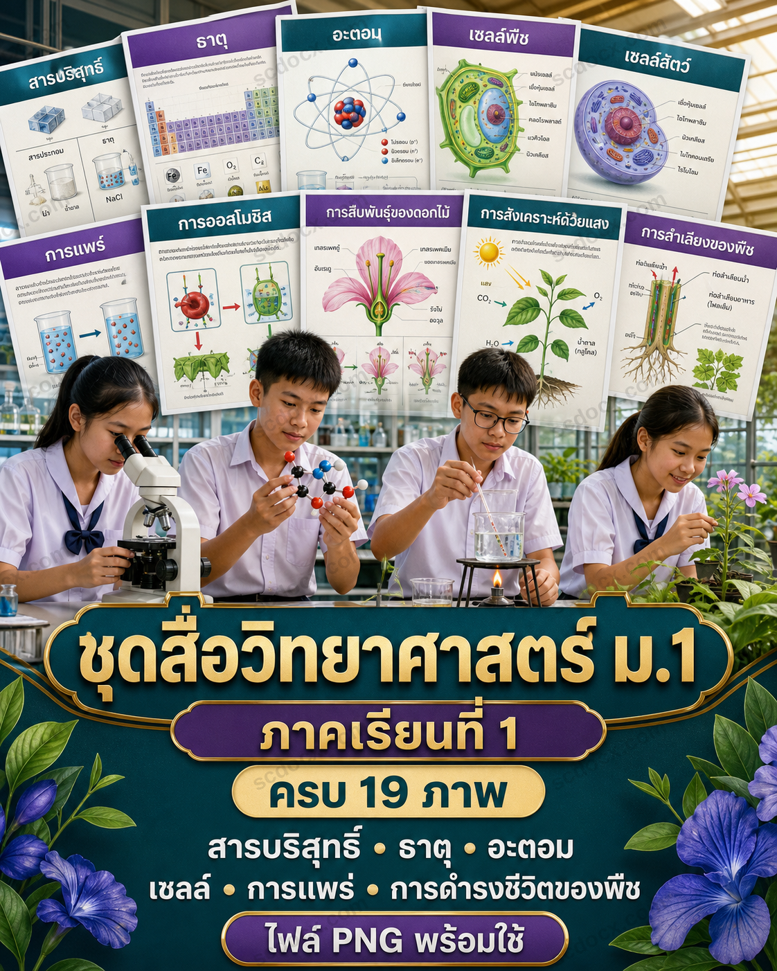 ชุดสื่อการเรียนรู้วิทยาศาสตร์ ม.1 ภาคเรียนที่ 1 ครบ 19 ภาพ | สารบริสุทธิ์ เซลล์ การดำรงชีวิตของพืช