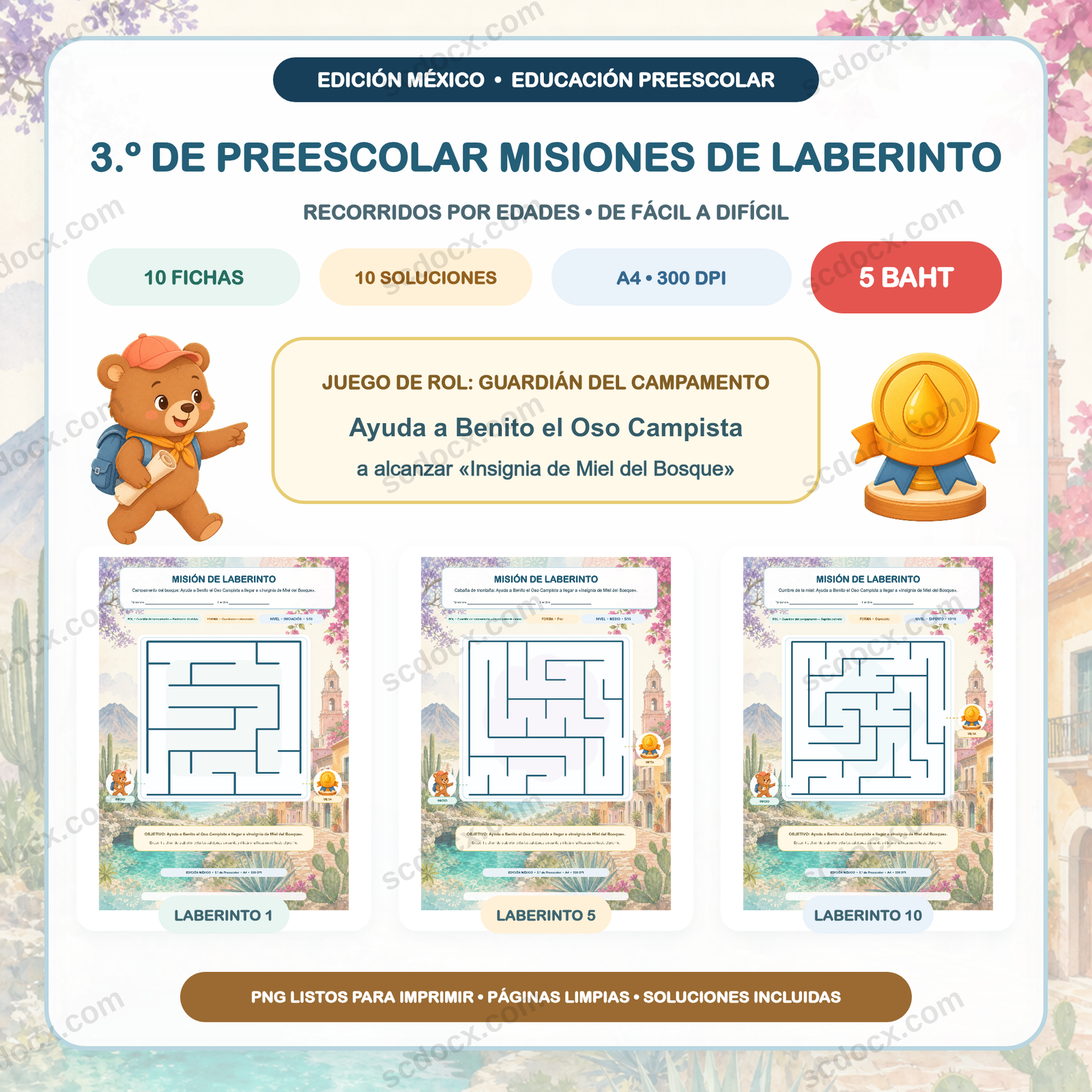 Edición México Misiones de Laberinto — 3.º de Preescolar (10 fichas + soluciones)