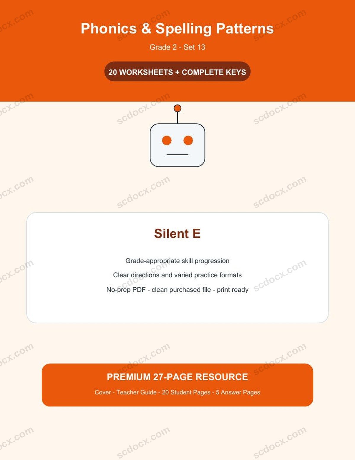 Phonics & Spelling Patterns | Grade 2 | Silent E | 20 Worksheets + Answer Keys