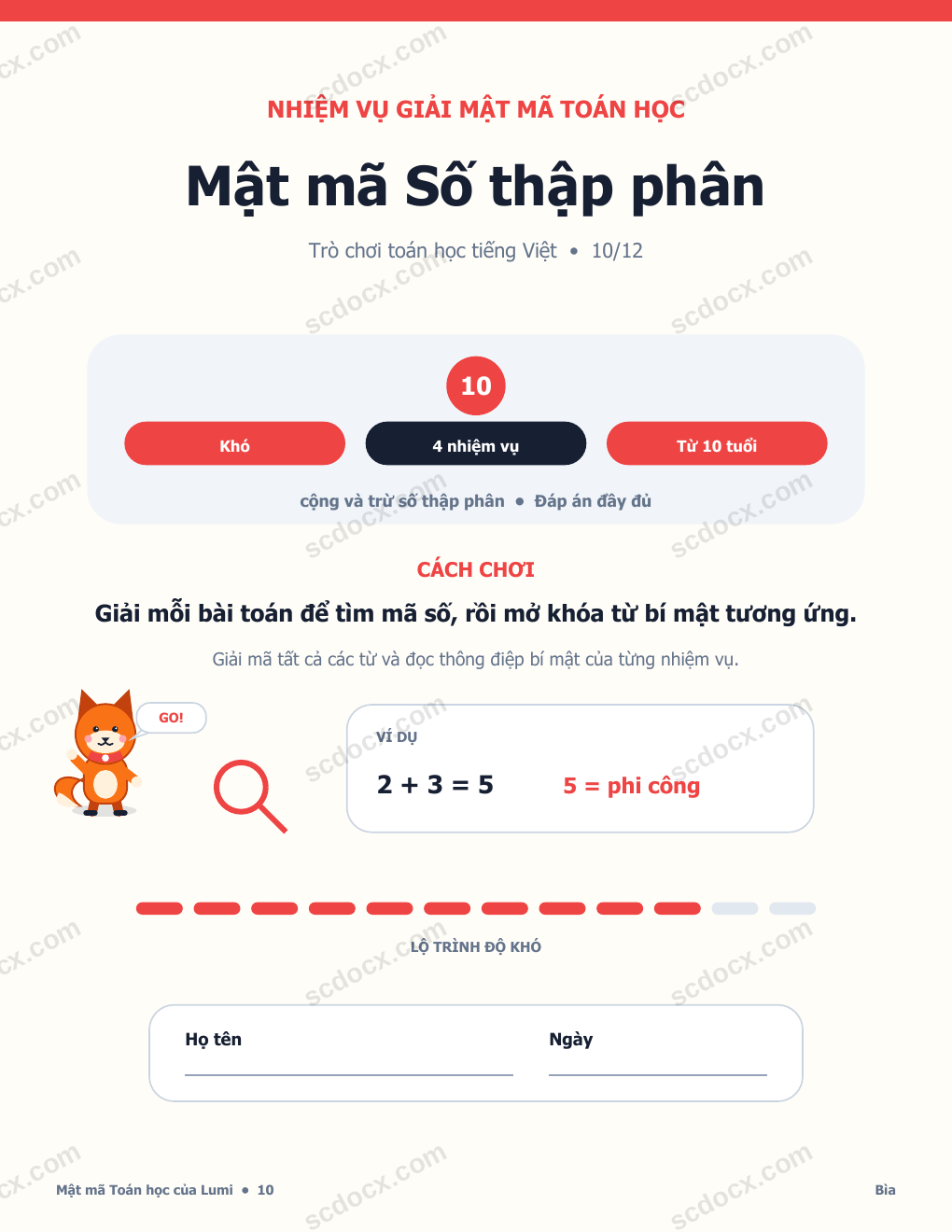 Trò chơi Mật mã Toán học Tiếng Việt 10 - Mật mã Số thập phân có Đáp án