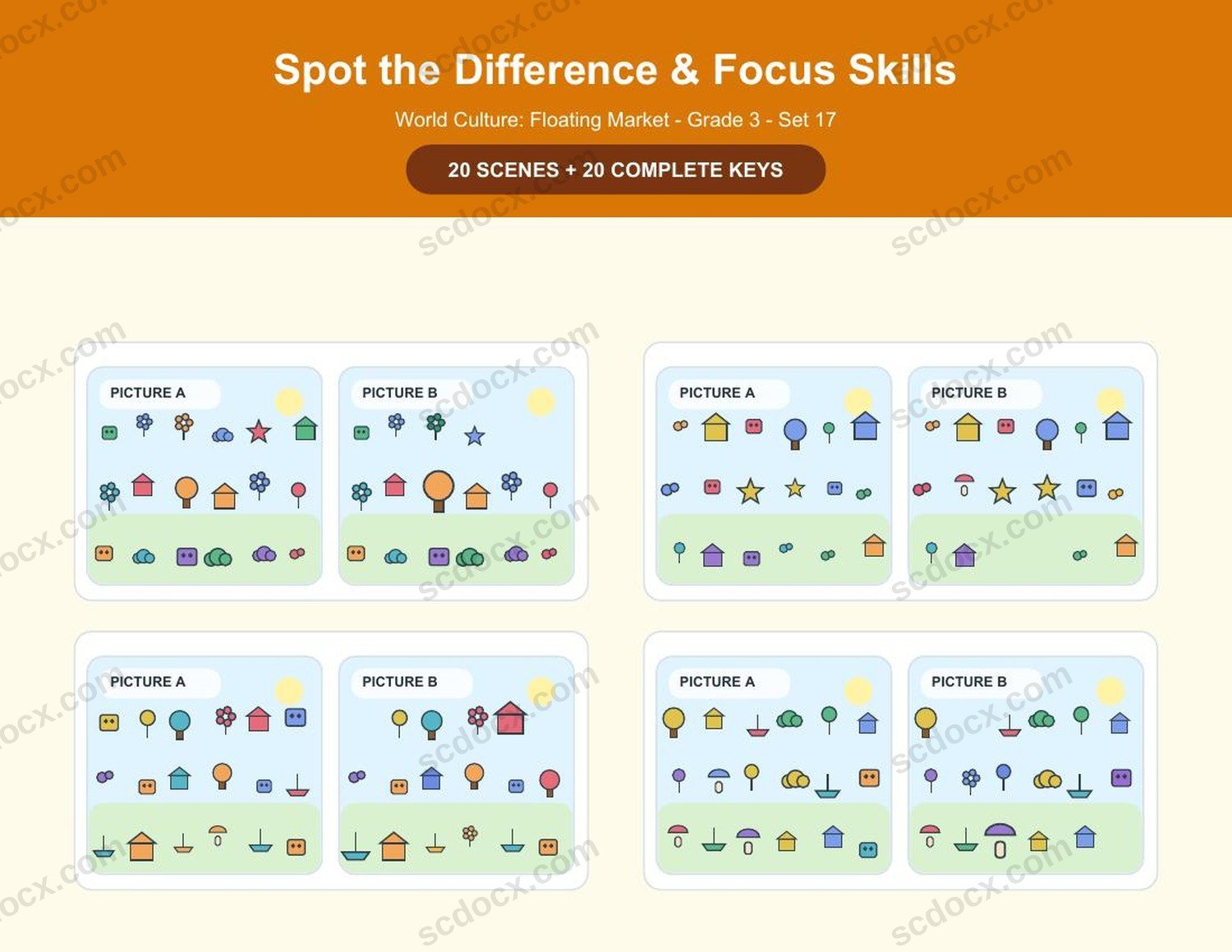 Spot the Difference | Grade 3 | World Culture: Floating Market | 20 Games + Keys | US Letter Landscape