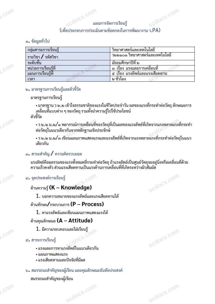 แผนการสอน ว.PA วิทยาศาสตร์และเทคโนโลยี แผนที่ 5 แรงลัพธ์และแรงเสียดทาน ม.2
