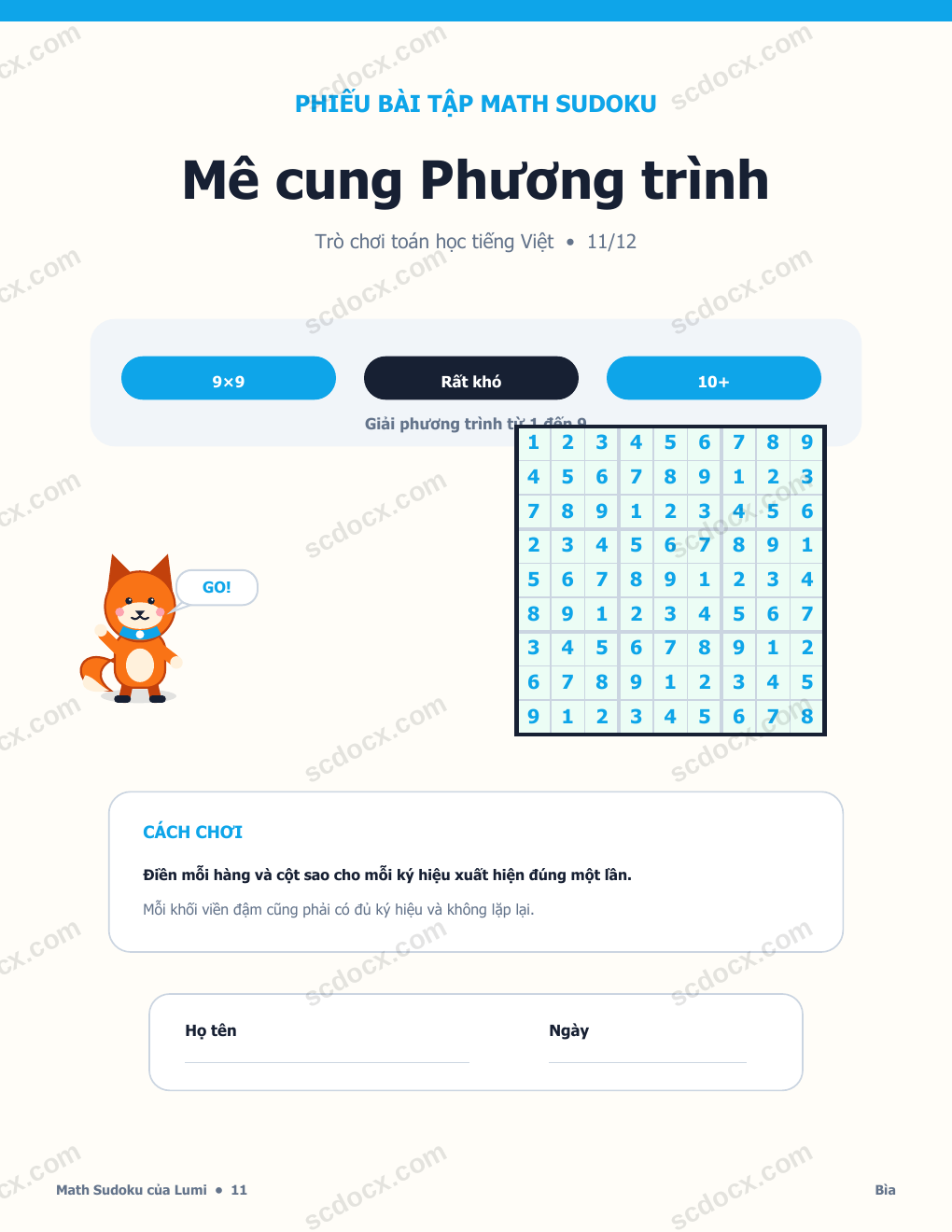 Math Sudoku Tiếng Việt 11 - Mê cung Phương trình có Đáp án
