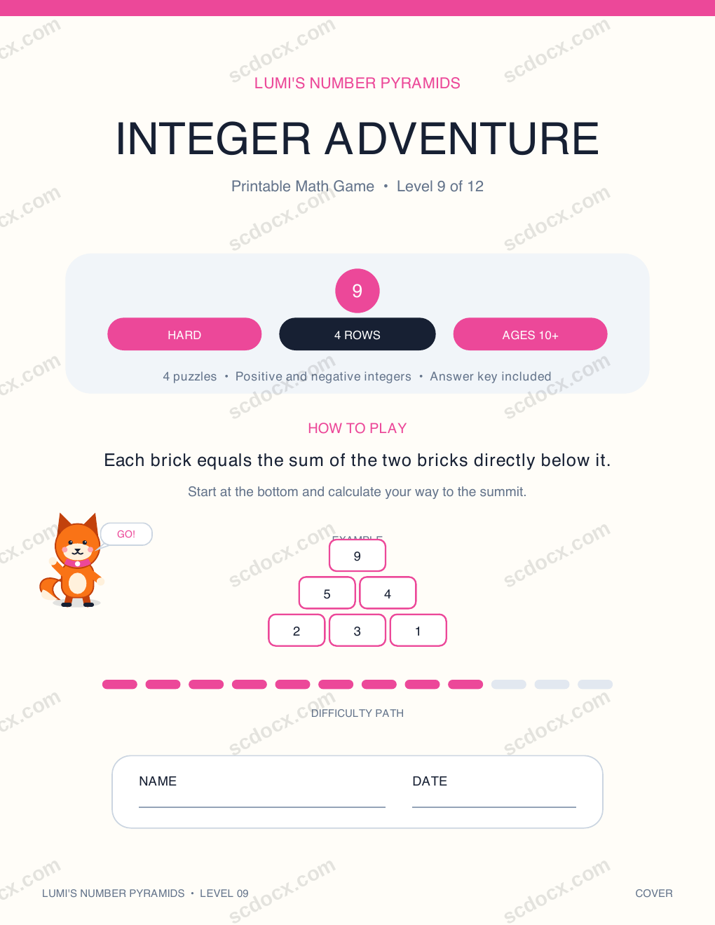 English Math Number Pyramid 09 - Integer Adventure with Answer Key