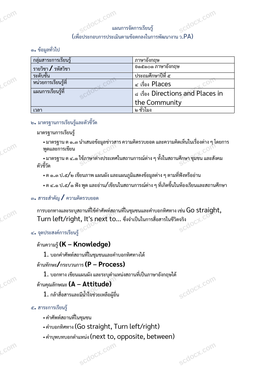 แผนการสอน ว.PA ภาษาอังกฤษ แผนที่ 8 Directions and Places in the Community ป.5