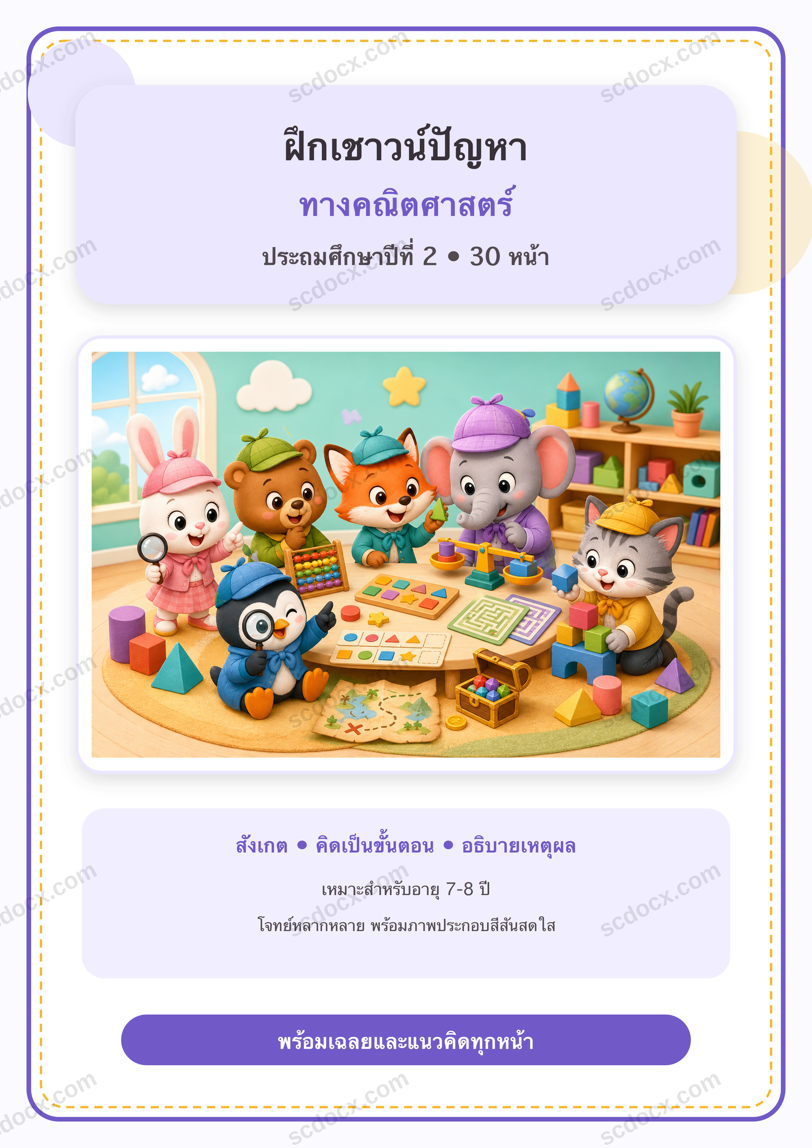 แบบฝึกเชาวน์ปัญหาทางคณิตศาสตร์ ป.2 | 30 หน้า พร้อมเฉลย 30 หน้า PDF + PNG