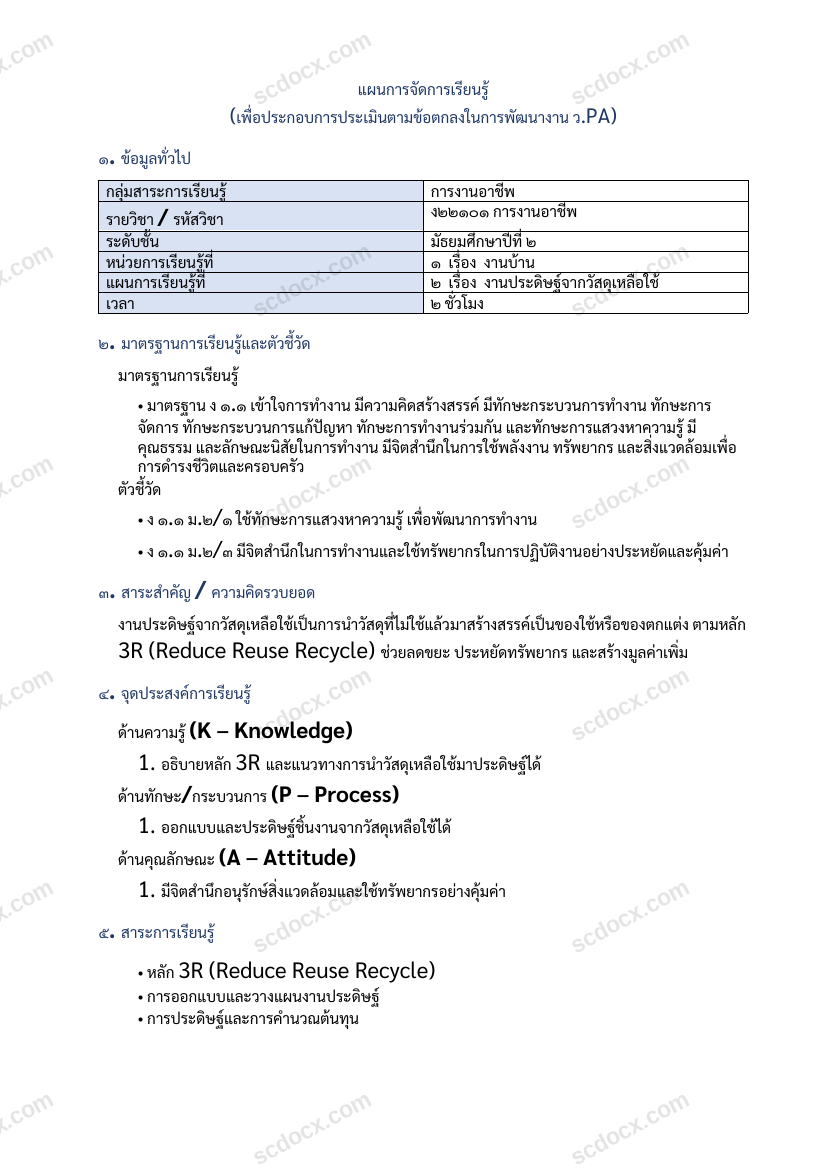 แผนการสอน ว.PA การงานอาชีพ แผนที่ 2 งานประดิษฐ์จากวัสดุเหลือใช้ ม.2