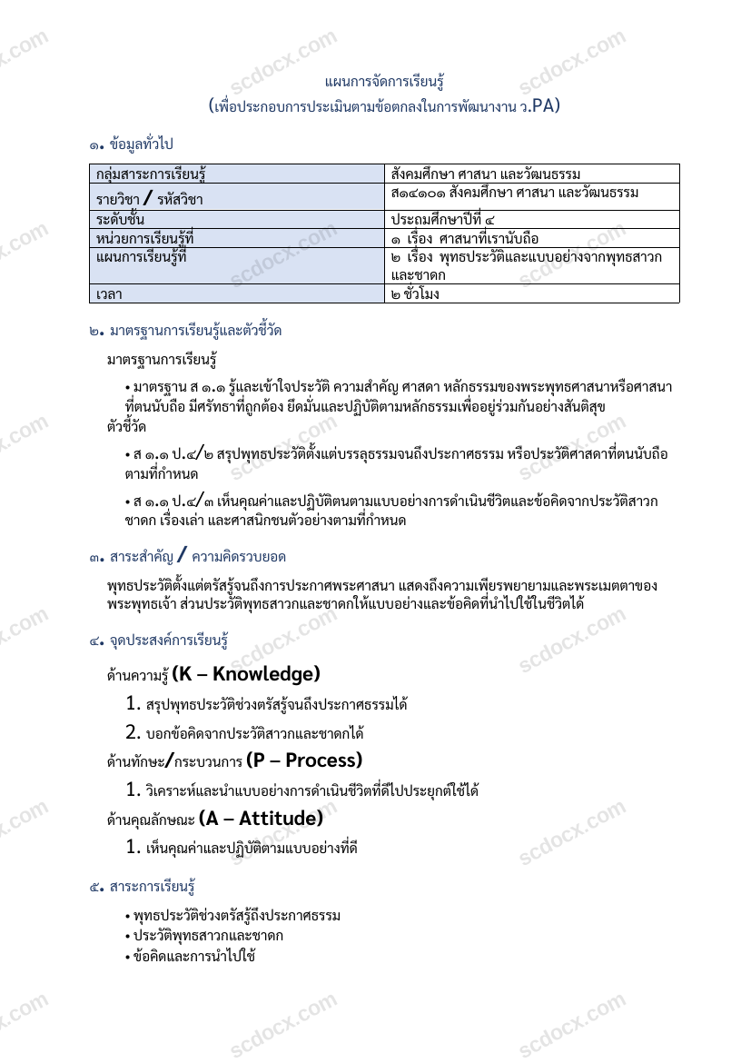 แผนการสอนประกอบการประเมิน ว.PA วิชาสังคมศึกษา แผนที่ 2 เรื่อง พุทธประวัติและแบบอย่างจากพุทธสาวกและชาดก ชั้น ป.4
