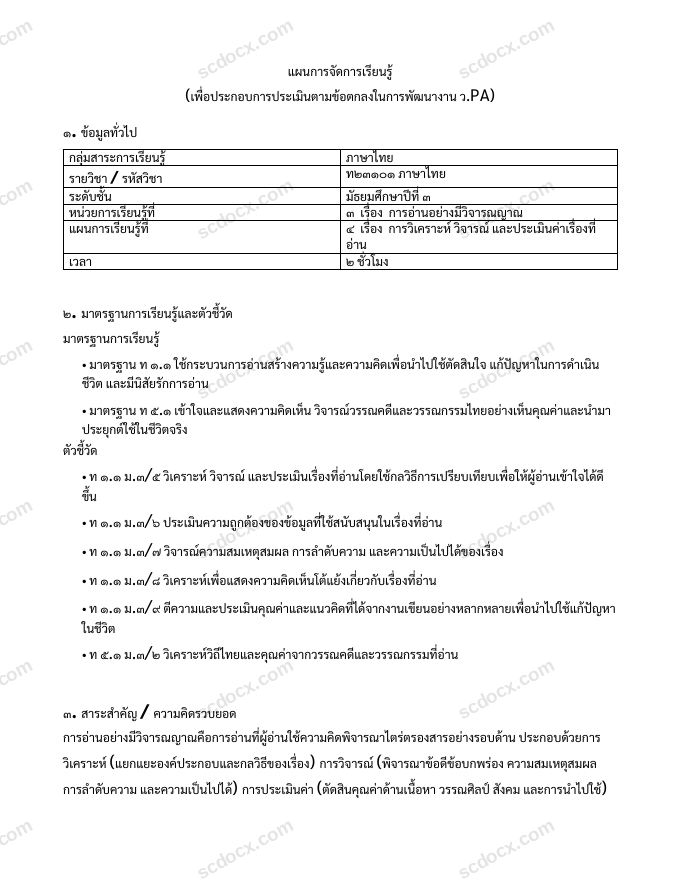 แผนการสอน ว.PA ภาษาไทย แผนที่ 4 การวิเคราะห์ วิจารณ์ และประเมินค่าเรื่องที่อ่าน ม.3
