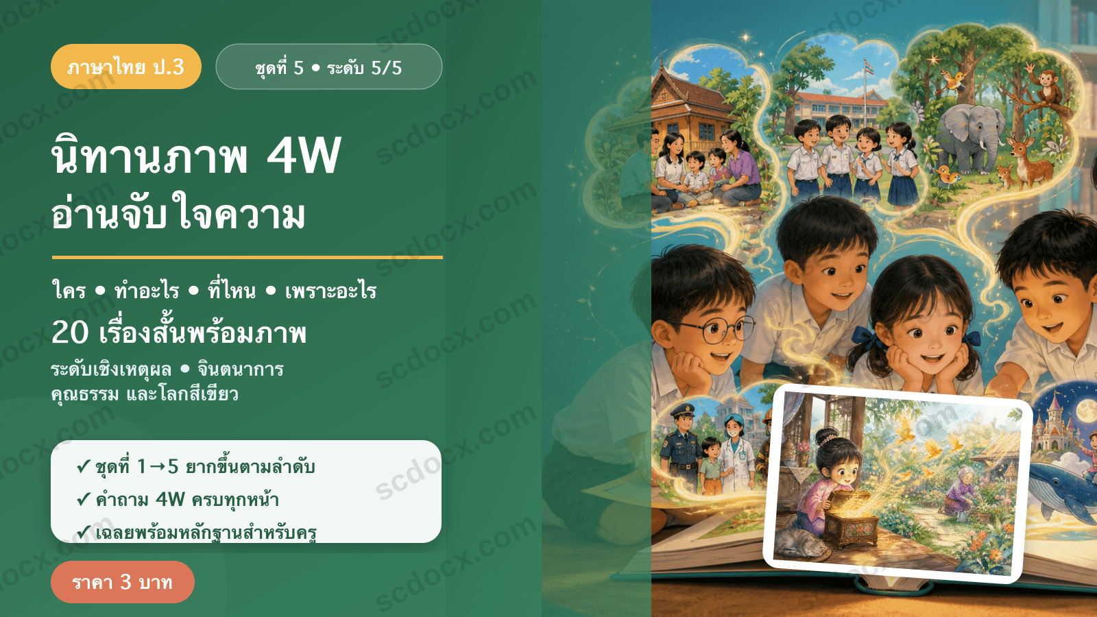 นิทานภาพ 4W อ่านจับใจความ ป.3 ชุดที่ 5 (ระดับเชิงเหตุผล) — จินตนาการ คุณธรรม และโลกสีเขียว 20 เรื่อง พร้อมเฉลย