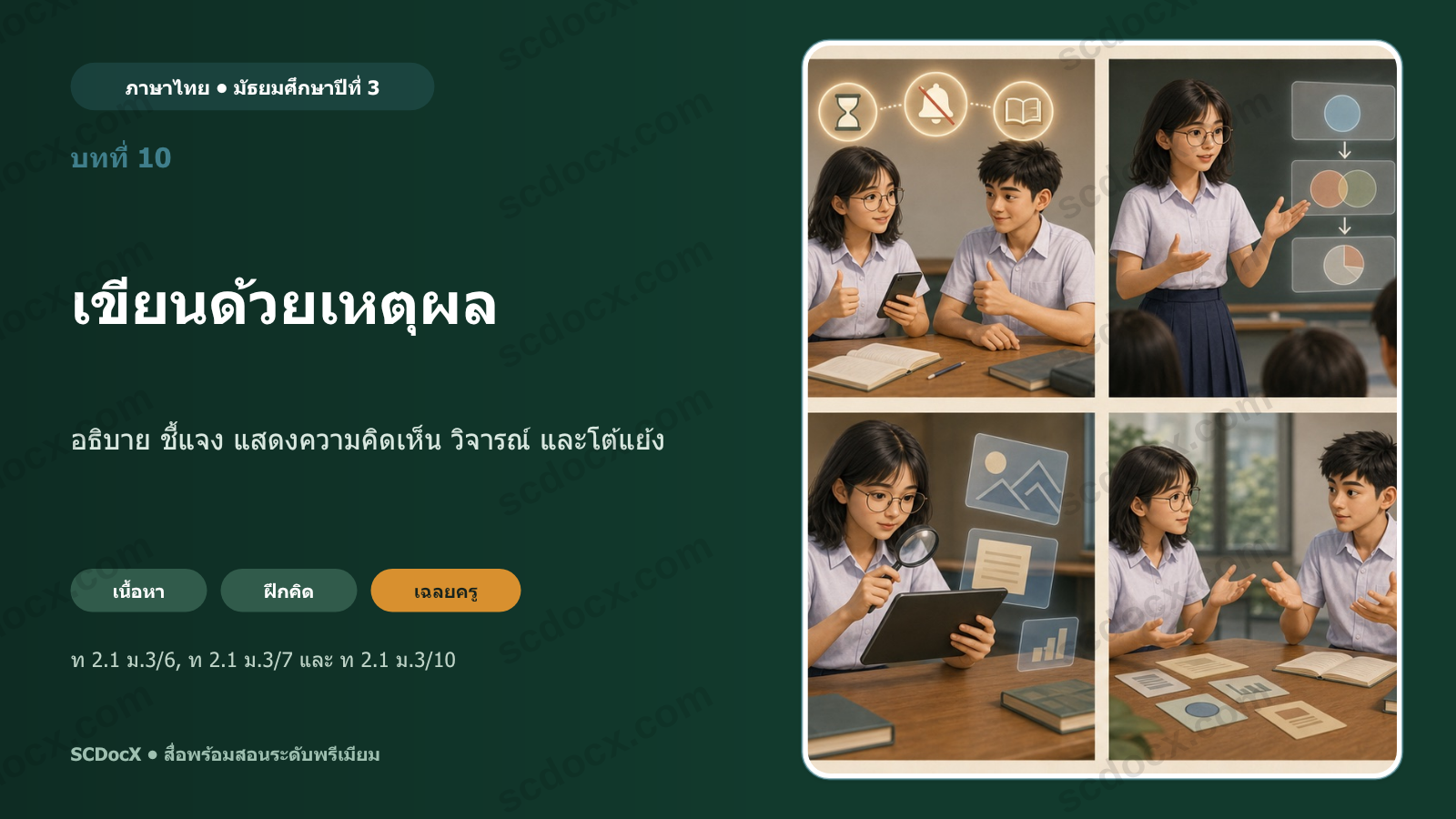 PowerPoint ภาษาไทย ม.3 บทที่ 10 เขียนอธิบายชี้แจงวิจารณ์โต้แย้ง | 21 สไลด์ + แบบฝึก + เฉลยครู