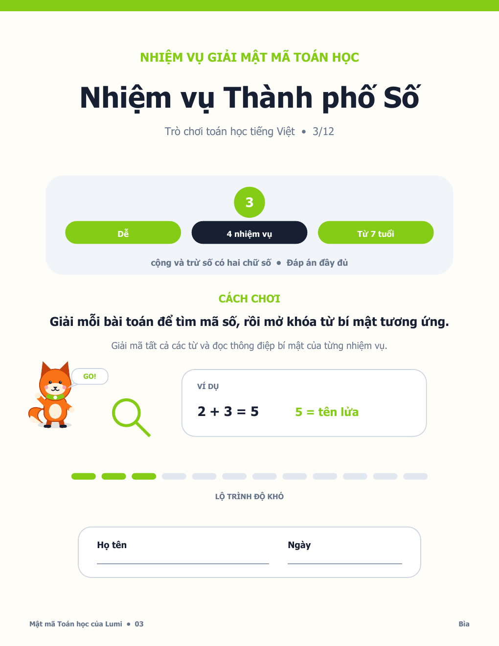 Trò chơi Mật mã Toán học Tiếng Việt 03 - Nhiệm vụ Thành phố Số có Đáp án (MIỄN PHÍ)