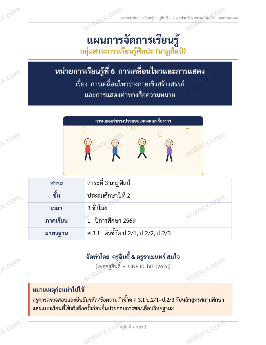 แผนการสอนประกอบการประเมิน ว.PA วิชาศิลปะ แผนที่ 6 เรื่อง การเคลื่อนไหวและการแสดงเบื้องต้น ชั้น ป.2