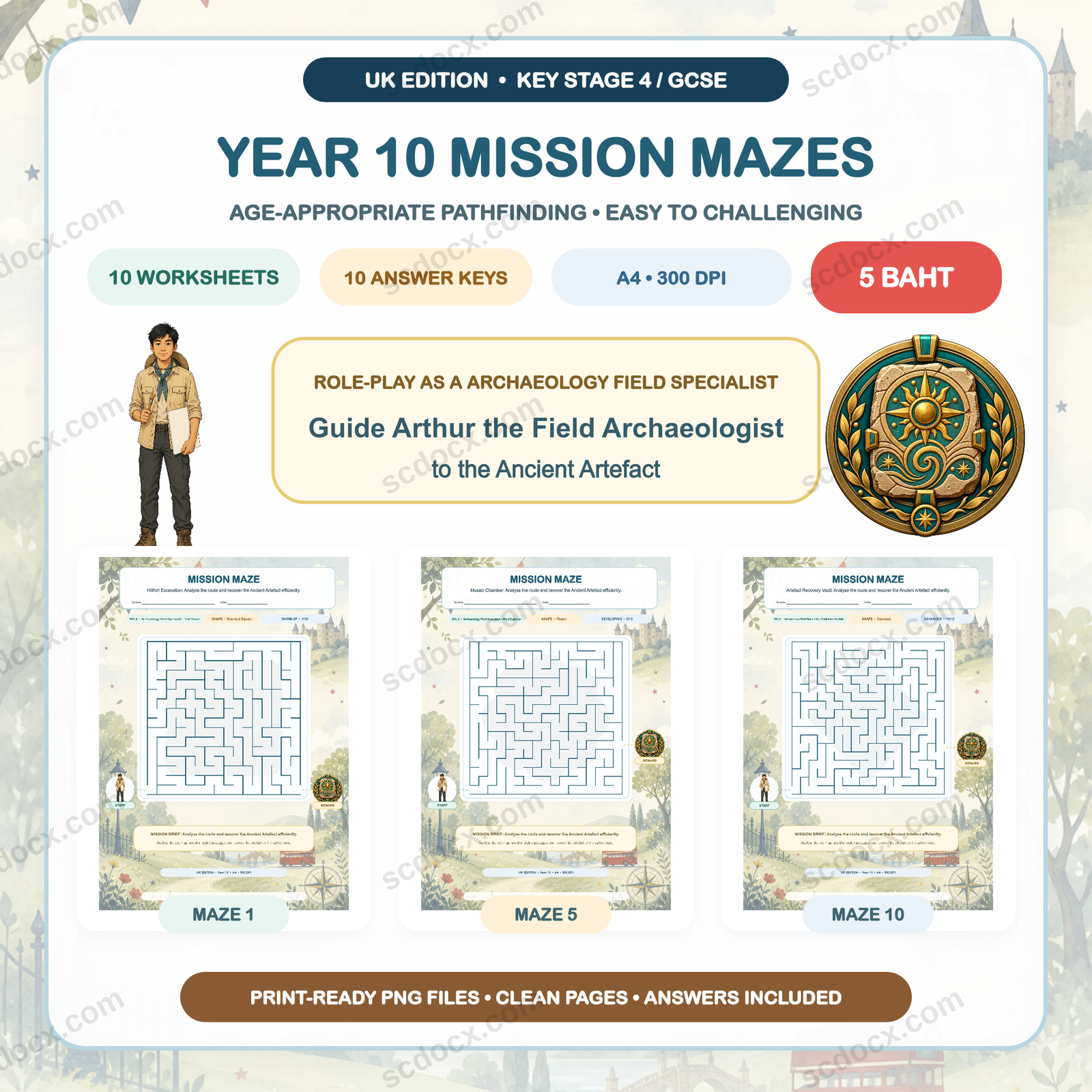 UK Edition Mission Mazes - Year 10 (10 Worksheets + 10 Answer Keys)