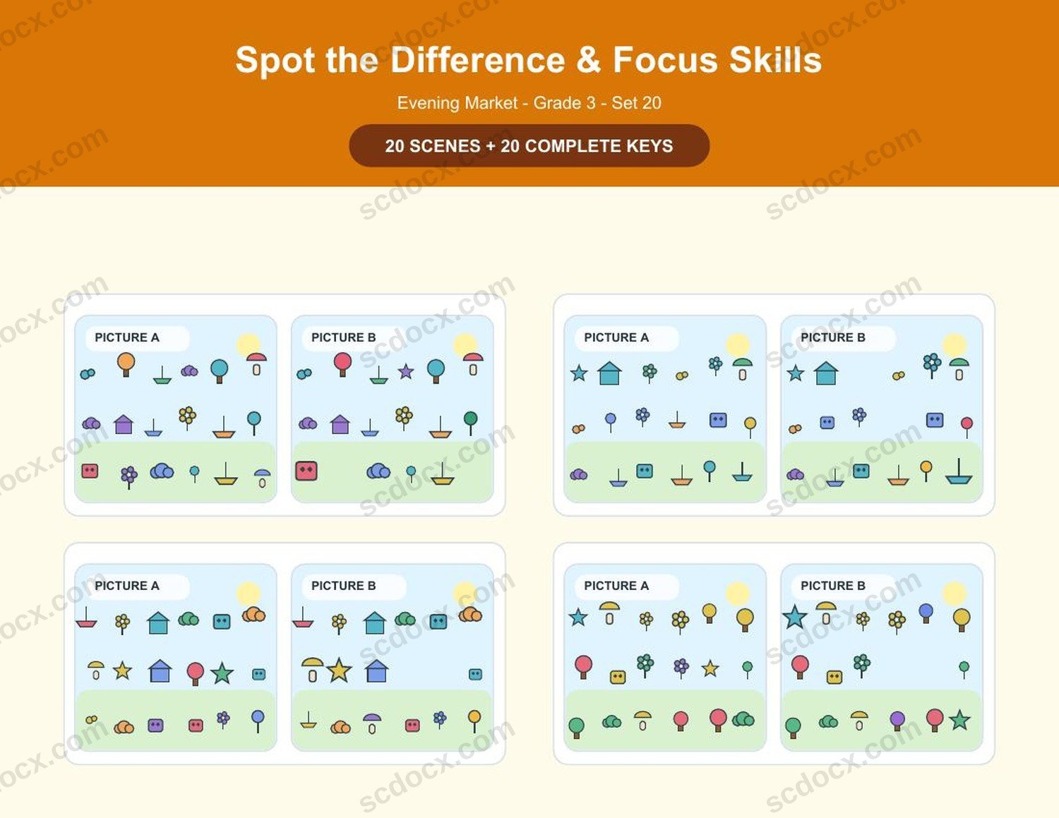 Spot the Difference | Grade 3 | Evening Market | 20 Games + Keys | US Letter Landscape