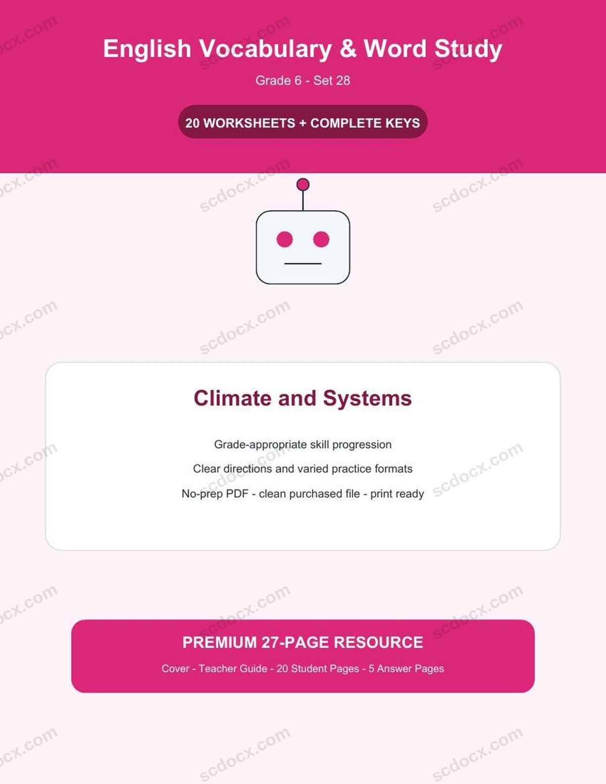 English Vocabulary & Word Study | Grade 6 | Climate and Systems | 20 Worksheets + Answer Keys