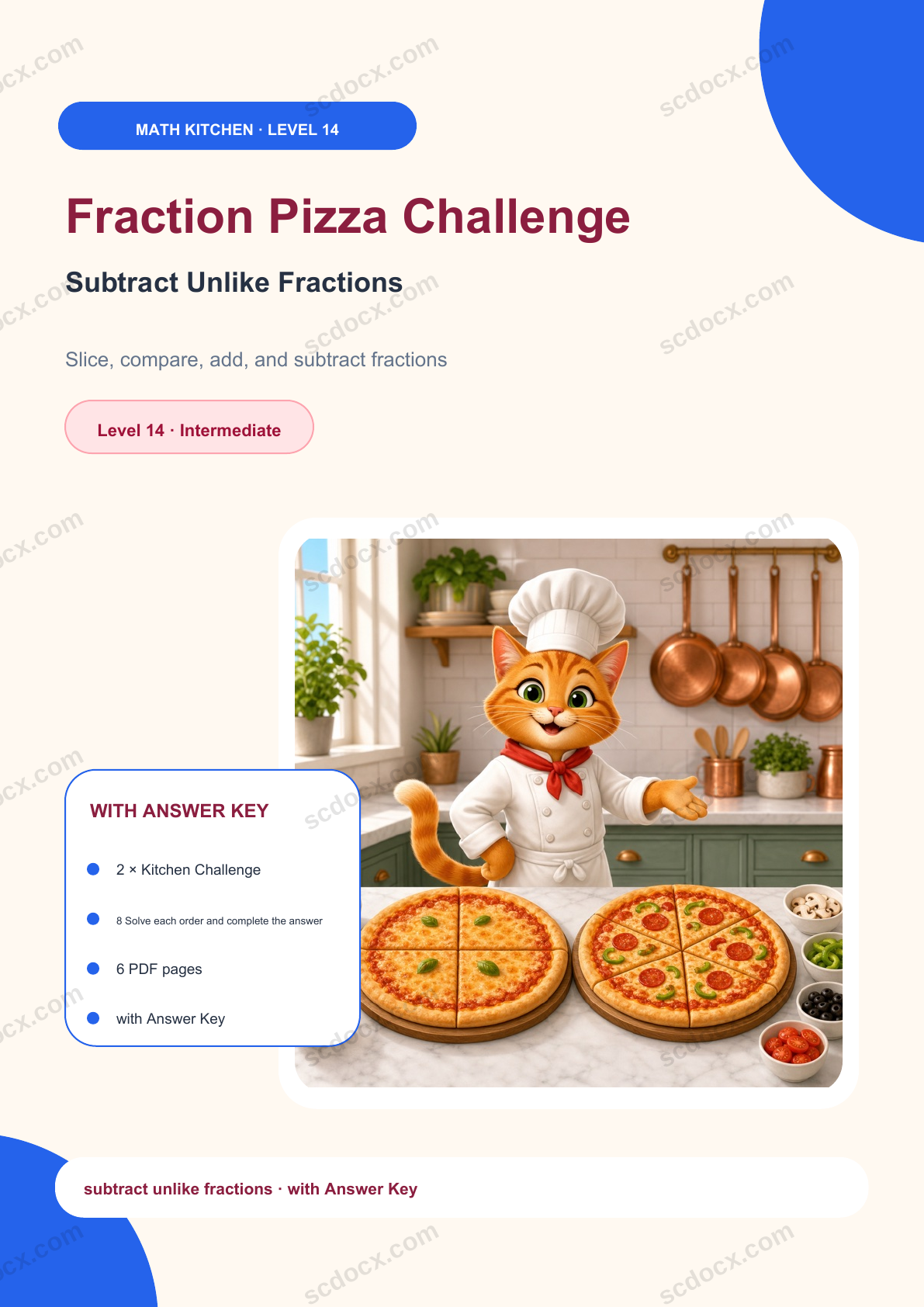 Fraction Pizza Challenge Level 14 | Subtract Unlike Fractions with Answer Key