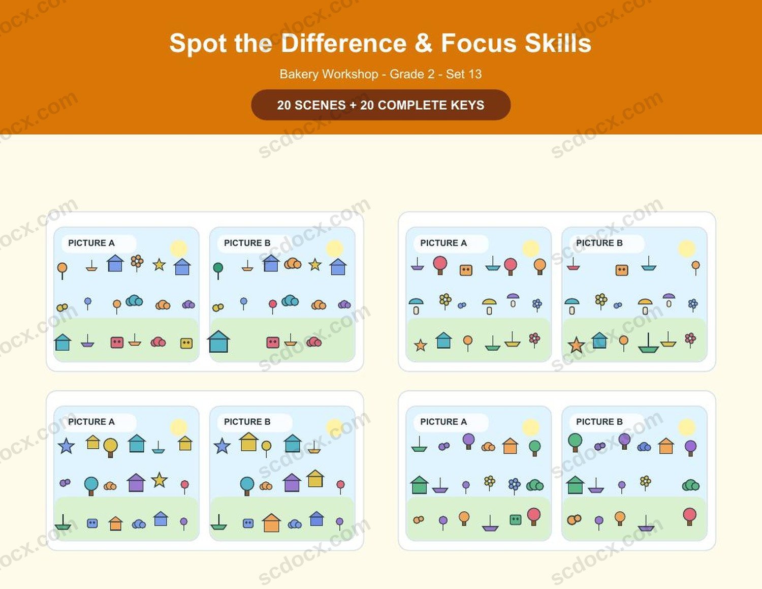 Spot the Difference | Grade 2 | Bakery Workshop | 20 Games + Keys | US Letter Landscape