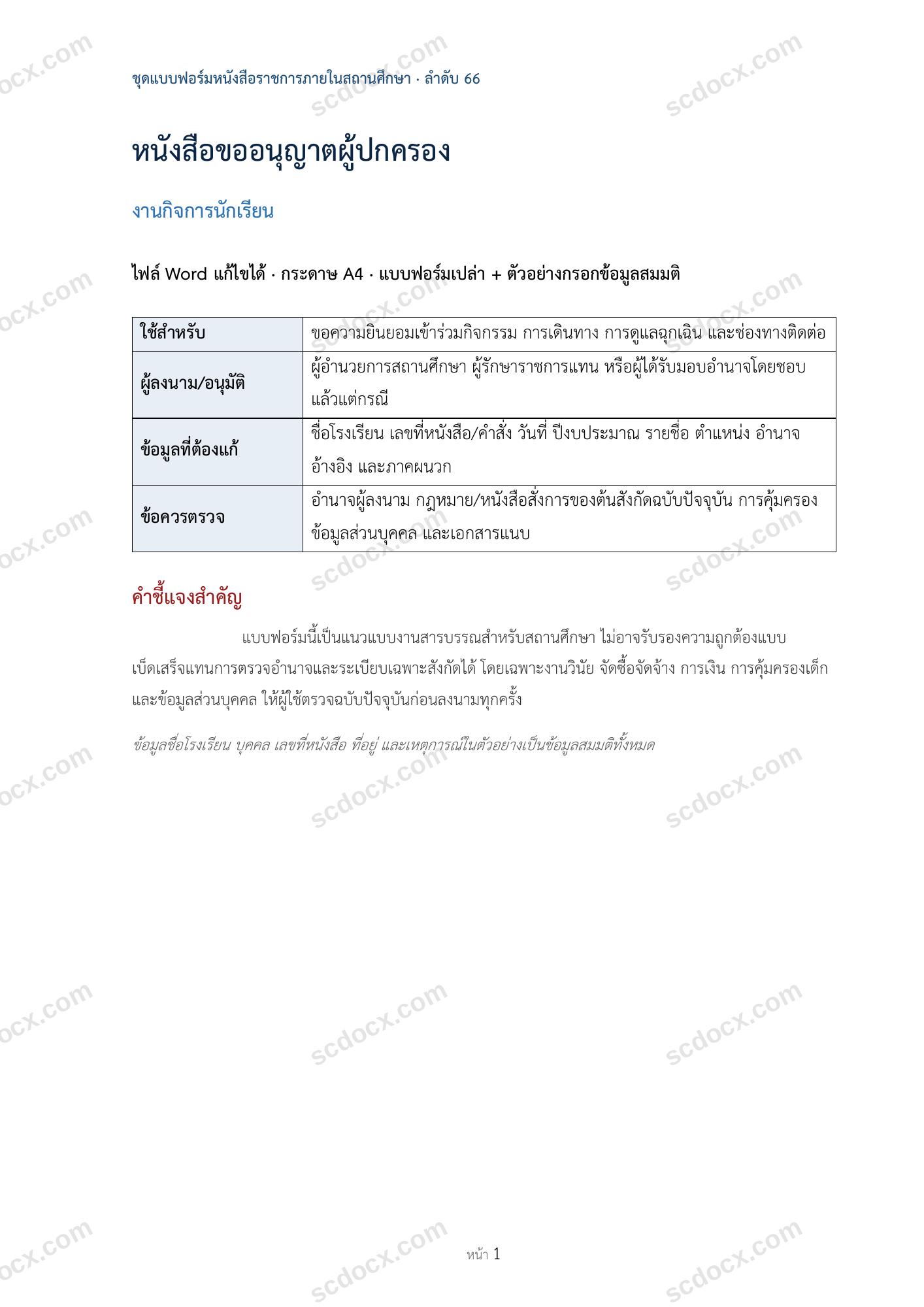 หนังสือขออนุญาตผู้ปกครอง