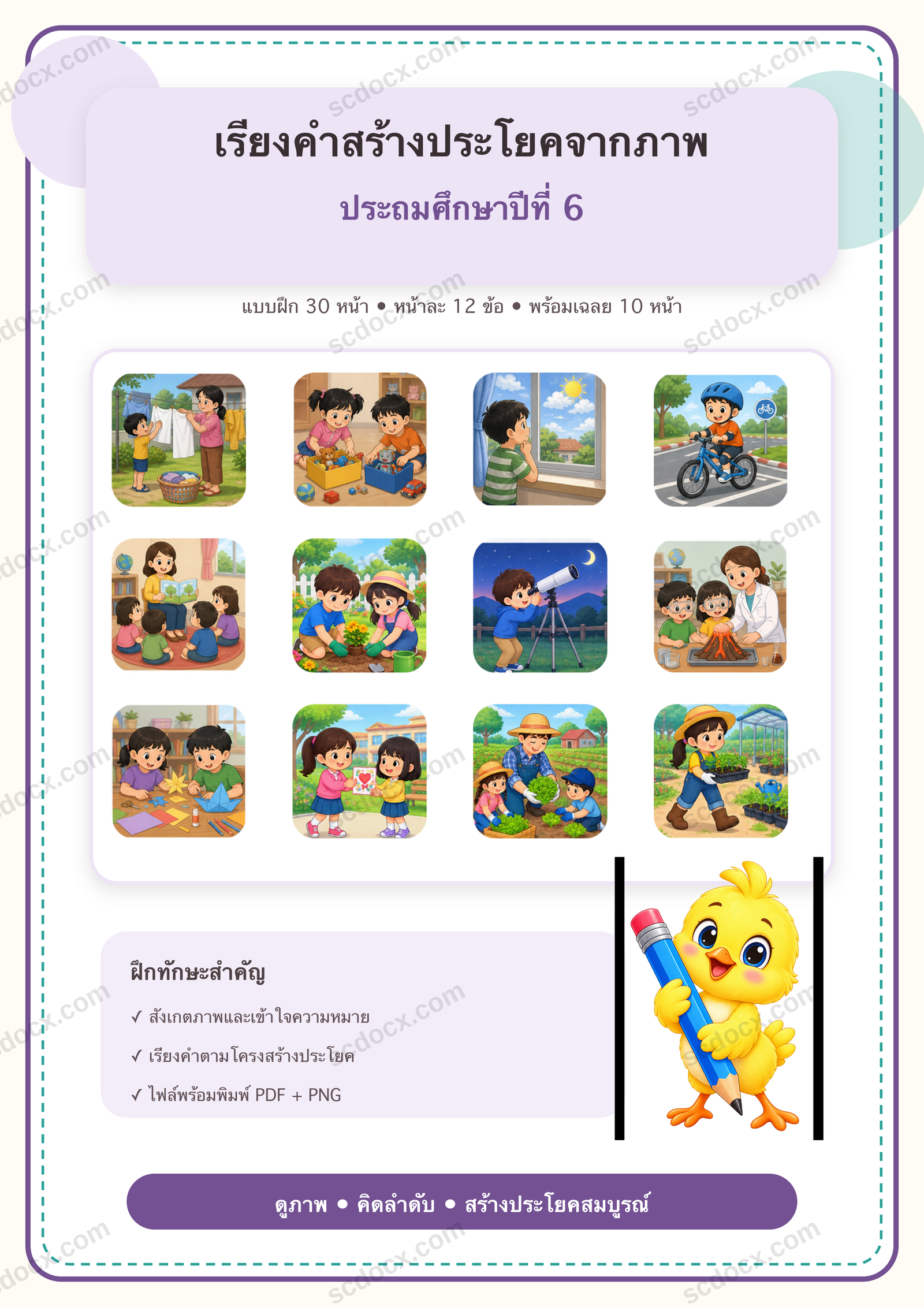 แบบฝึกเรียงคำสร้างประโยคจากภาพ ป.6 | 30 หน้า พร้อมเฉลย 10 หน้า PDF + PNG