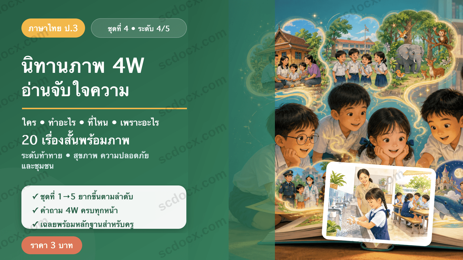 นิทานภาพ 4W อ่านจับใจความ ป.3 ชุดที่ 4 (ระดับท้าทาย) — สุขภาพ ความปลอดภัย และชุมชน 20 เรื่อง พร้อมเฉลย
