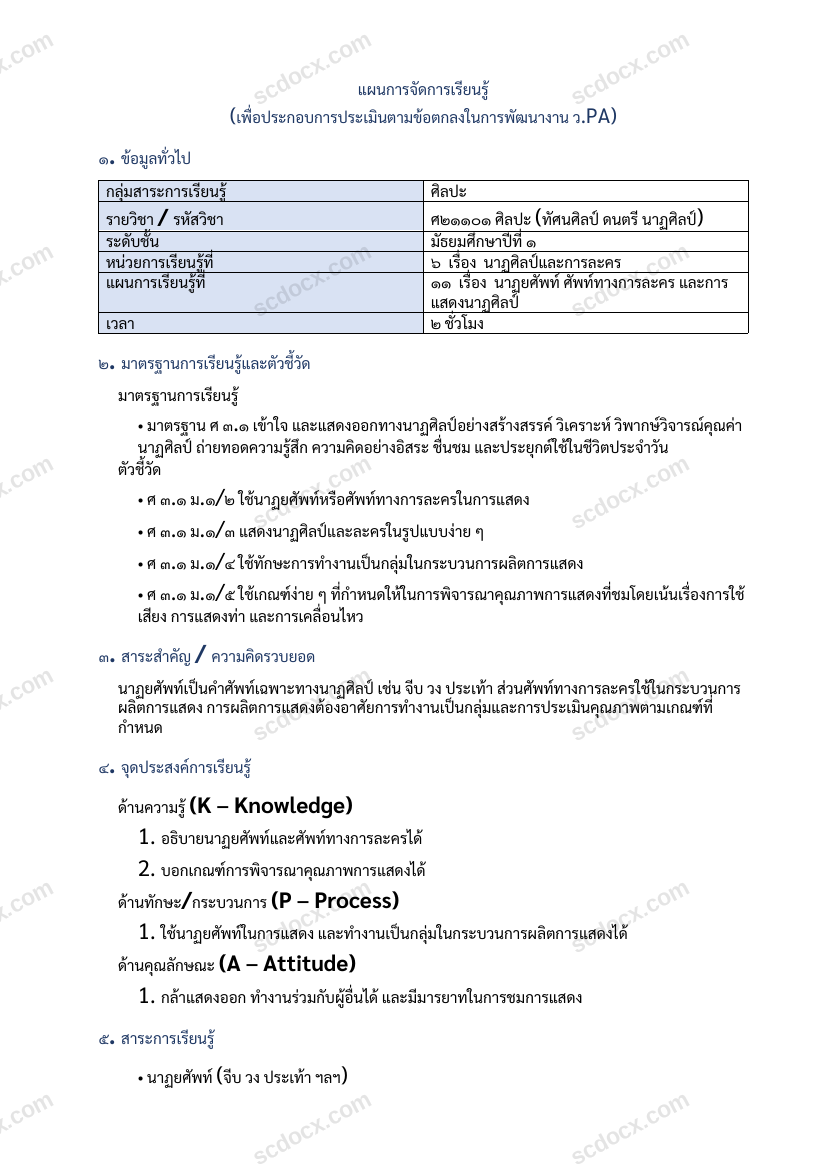 แผนการสอน ว.PA ศิลปะ แผนที่ 11 นาฏยศัพท์ ศัพท์ทางการละคร และการแสดงนาฏศิลป์ ม.1
