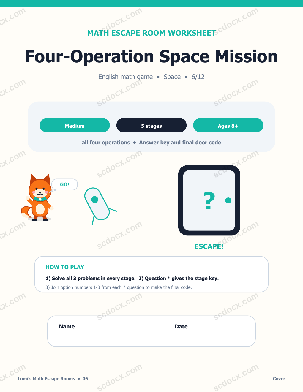 Math Escape Room in English 06 - Four-Operation Space Mission with Answer Key