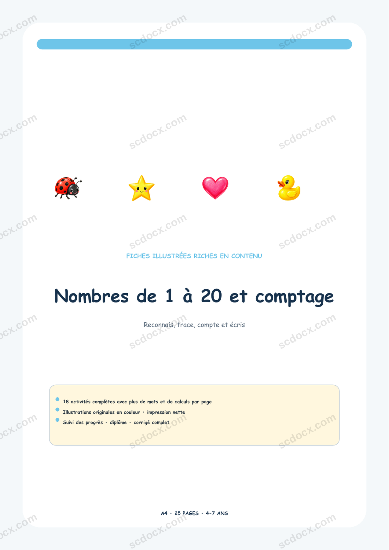 Nombres de 1 à 20 et comptage | 18 activités + corrigé | A4 | Édition France