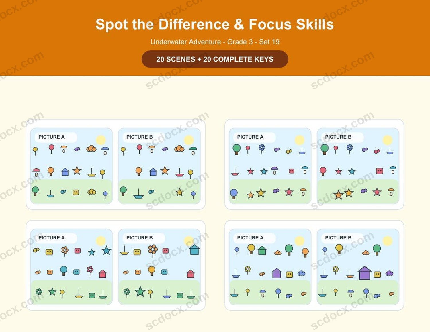 Spot the Difference | Grade 3 | Underwater Adventure | 20 Games + Keys | US Letter Landscape