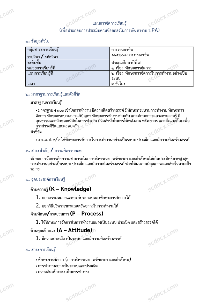 แผนการสอน ว.PA การงานอาชีพ แผนที่ 2 ทักษะการจัดการในการทำงานอย่างเป็นระบบ ป.5