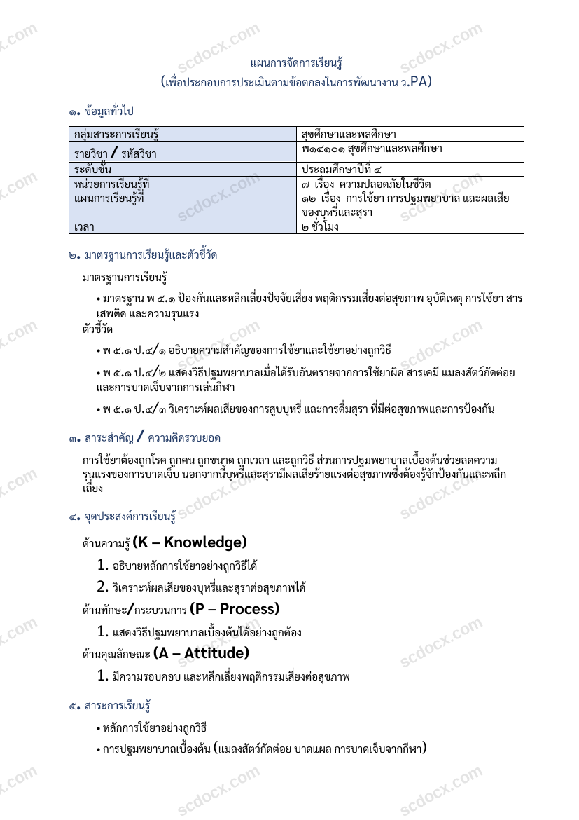 แผนการสอนประกอบการประเมิน ว.PA วิชาสุขศึกษาและพลศึกษา แผนที่ 12 เรื่อง การใช้ยา การปฐมพยาบาล และผลเสียของบุหรี่และสุรา ชั้น ป.4