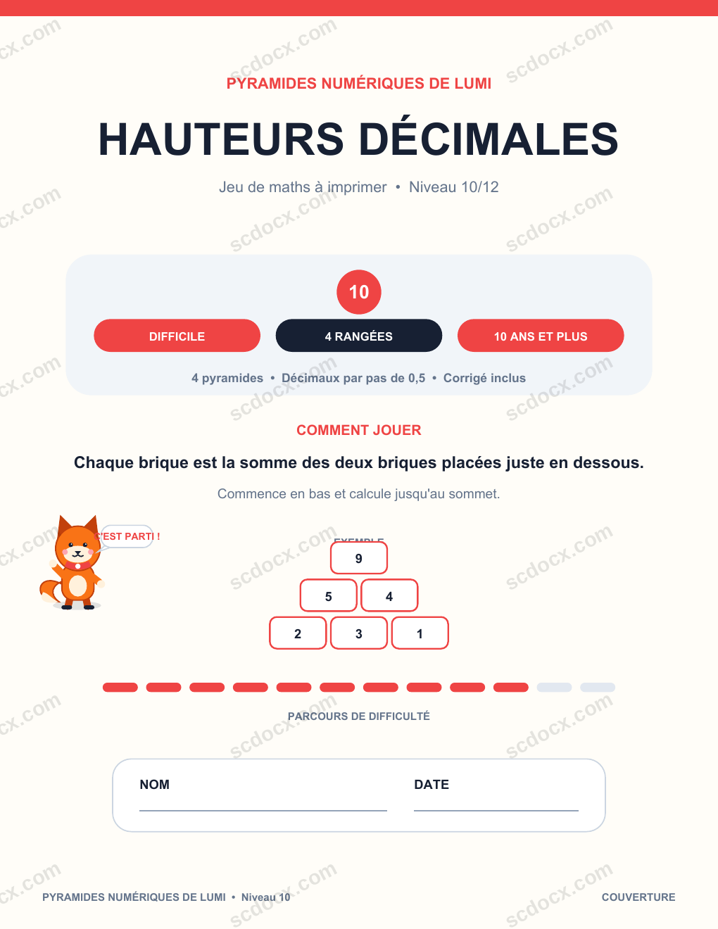 Pyramide numérique de mathématiques 10 - Hauteurs décimales avec corrigé