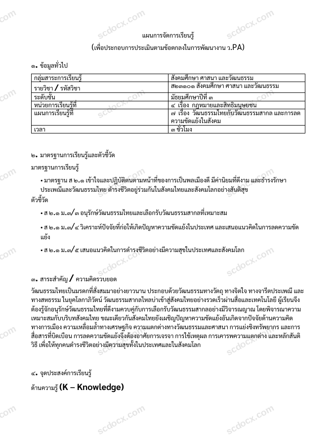 แผนการสอน ว.PA สังคมศึกษา แผนที่ 7 วัฒนธรรมไทยกับวัฒนธรรมสากล และการลดความขัดแย้งในสังคม ม.3