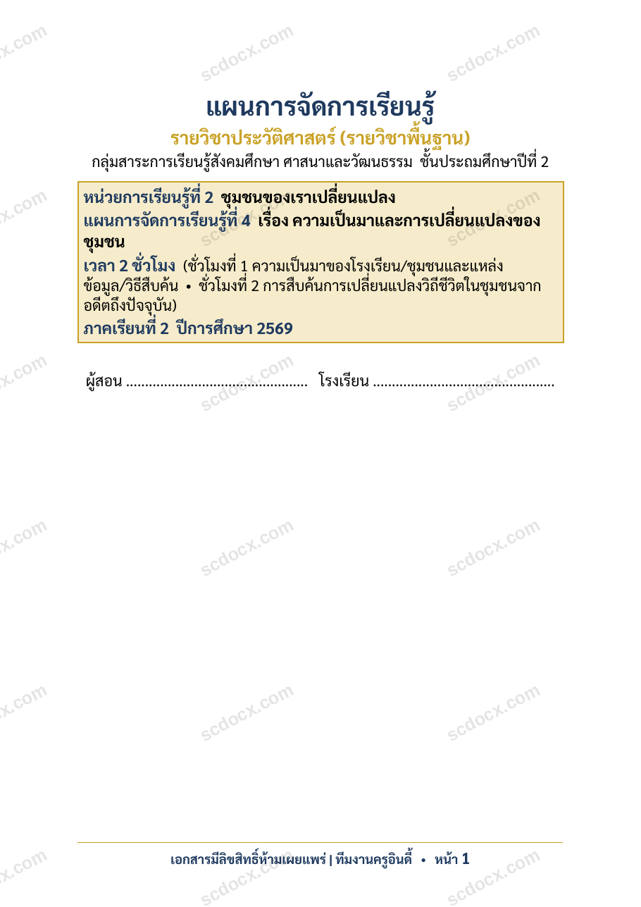 แผนการสอนประกอบการประเมิน ว.PA วิชาประวัติศาสตร์ แผนที่ 4 เรื่อง ความเป็นมาและการเปลี่ยนแปลงของชุมชน ชั้น ป.2