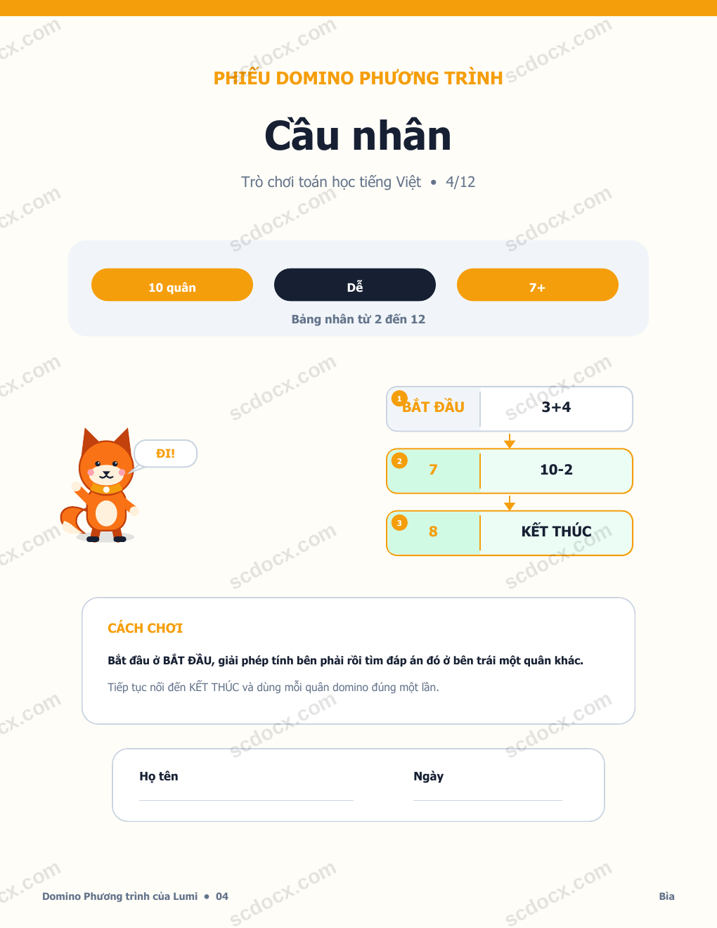 Domino Phương trình Tiếng Việt 04 - Cầu nhân có Đáp án