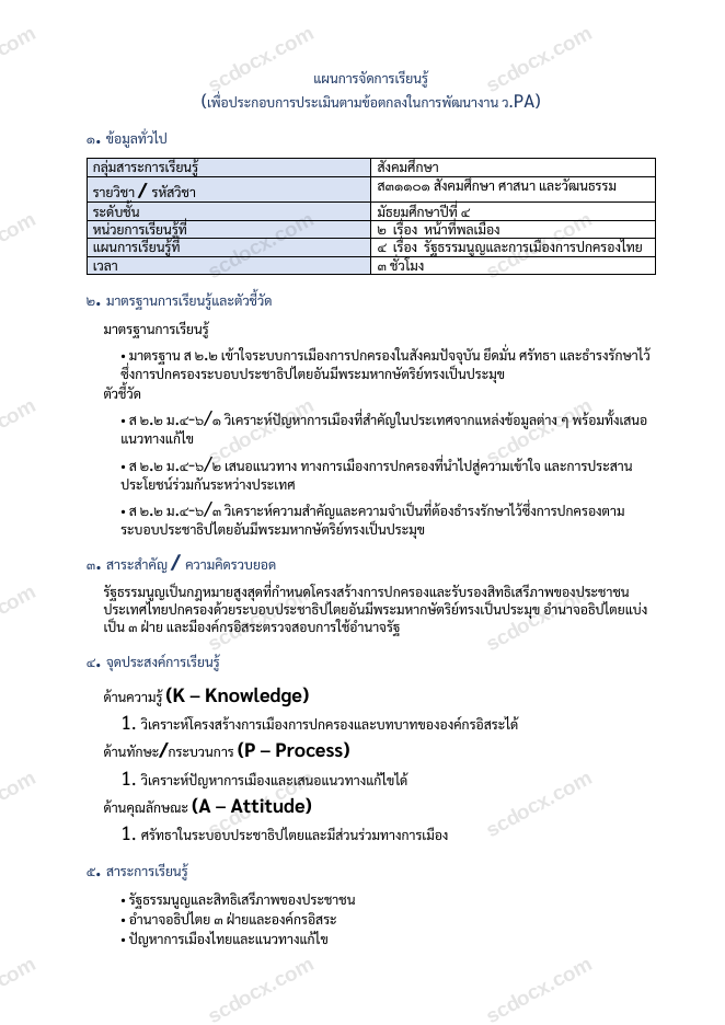 แผนการสอน ว.PA สังคมศึกษา แผนที่ 4 รัฐธรรมนูญและการเมืองการปกครองไทย ม.4
