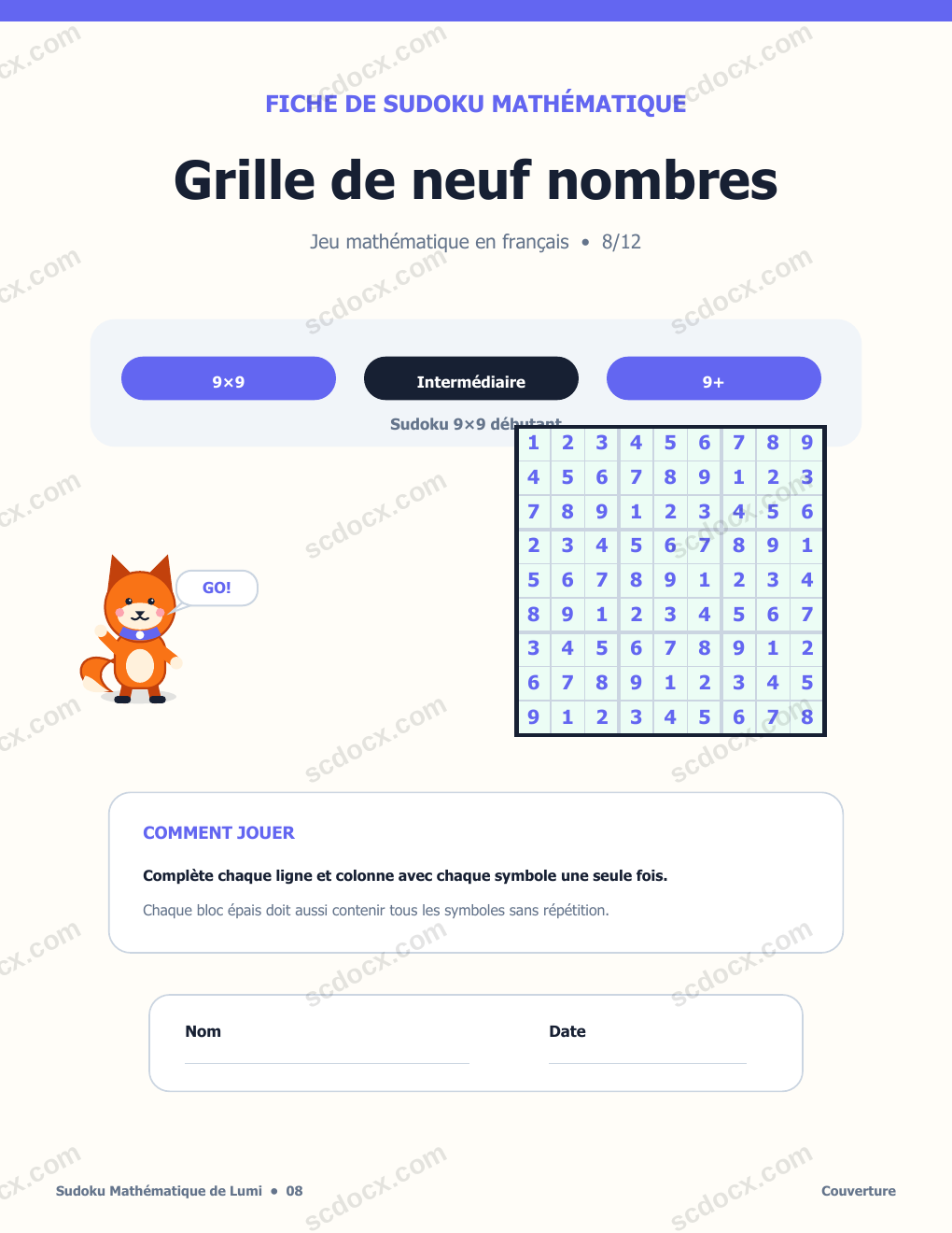Sudoku Mathématique en Français 08 - Grille de neuf nombres avec corrigé