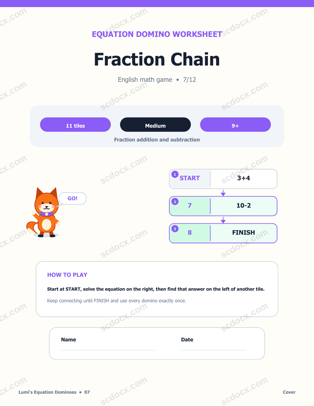 Equation Dominoes in English 07 - Fraction Chain with Answer Key