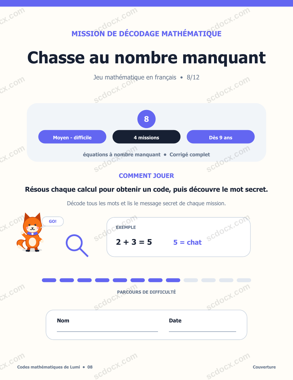 Jeu de codes mathématiques en français 08 - Chasse au nombre manquant avec corrigé