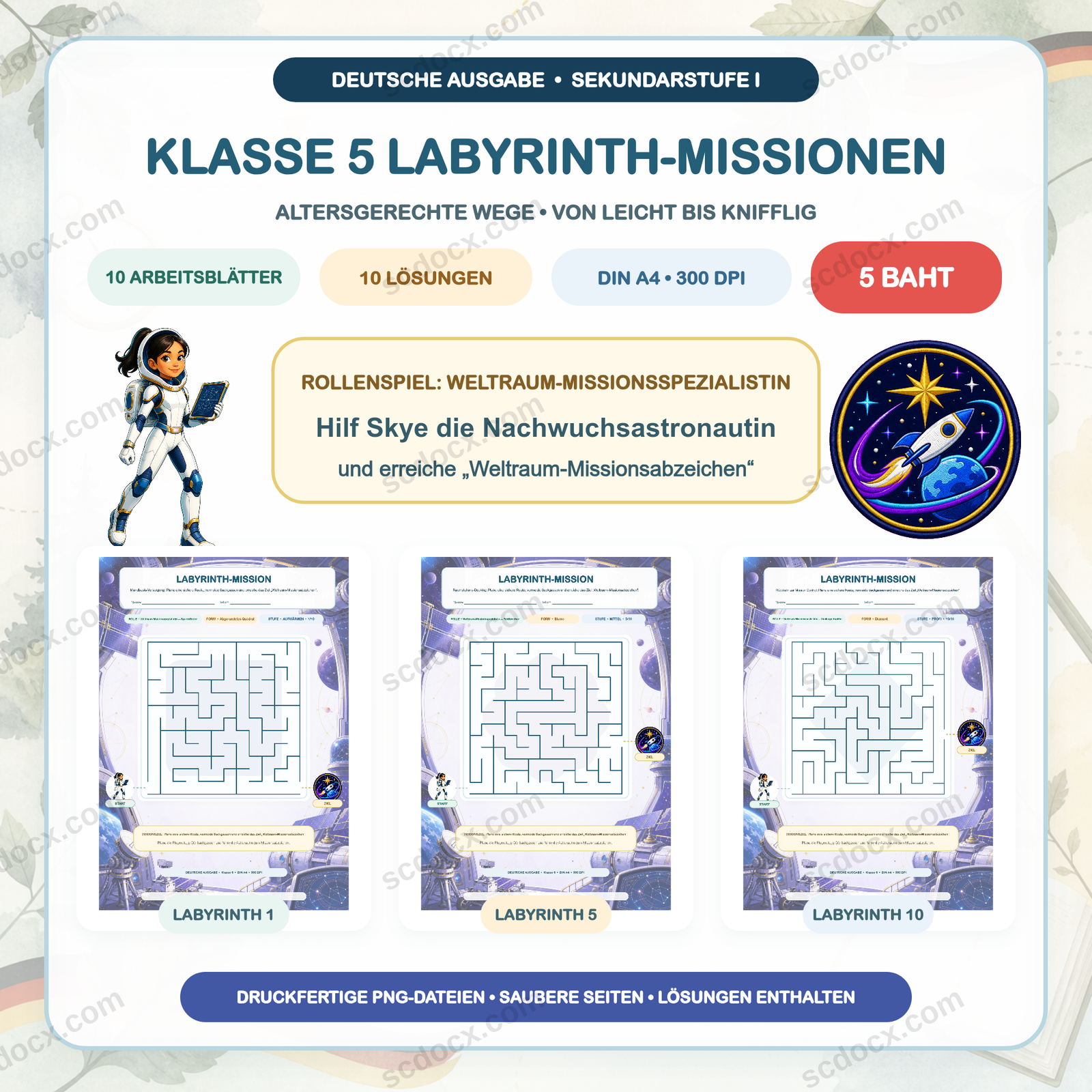 Deutsche Ausgabe Labyrinth-Missionen — Klasse 5 (10 Arbeitsblätter + Lösungen)