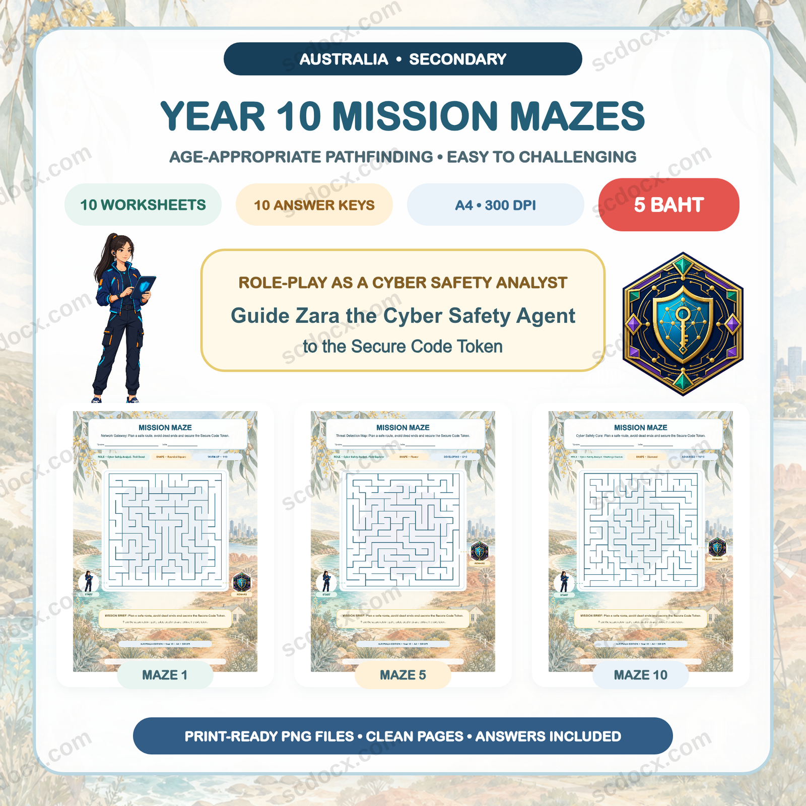 Australia Edition Mission Mazes - Year 10 (10 Worksheets + 10 Answer Keys)