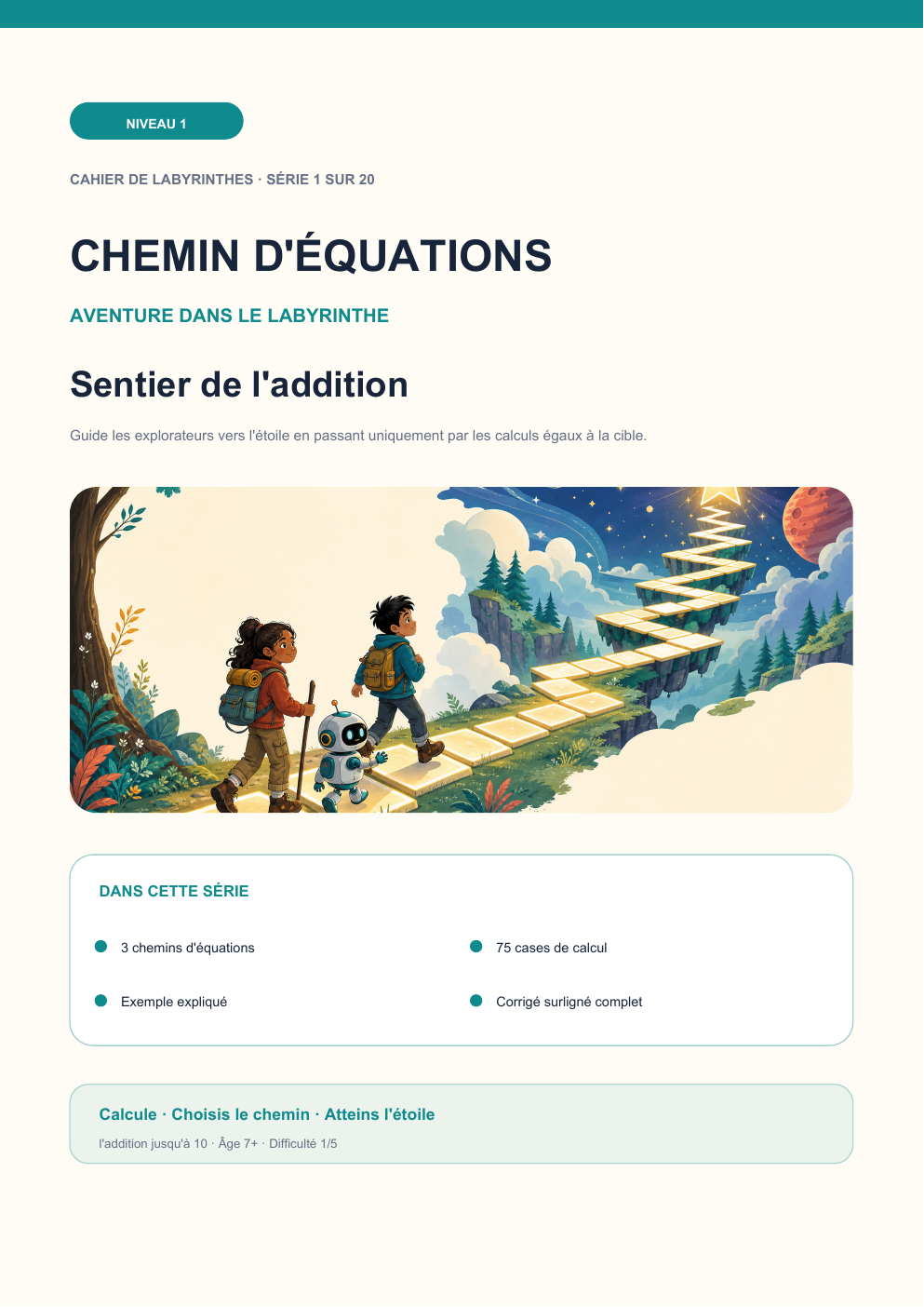 Chemin d'équations Niveau 1 | Sentier de l'addition avec corrigé