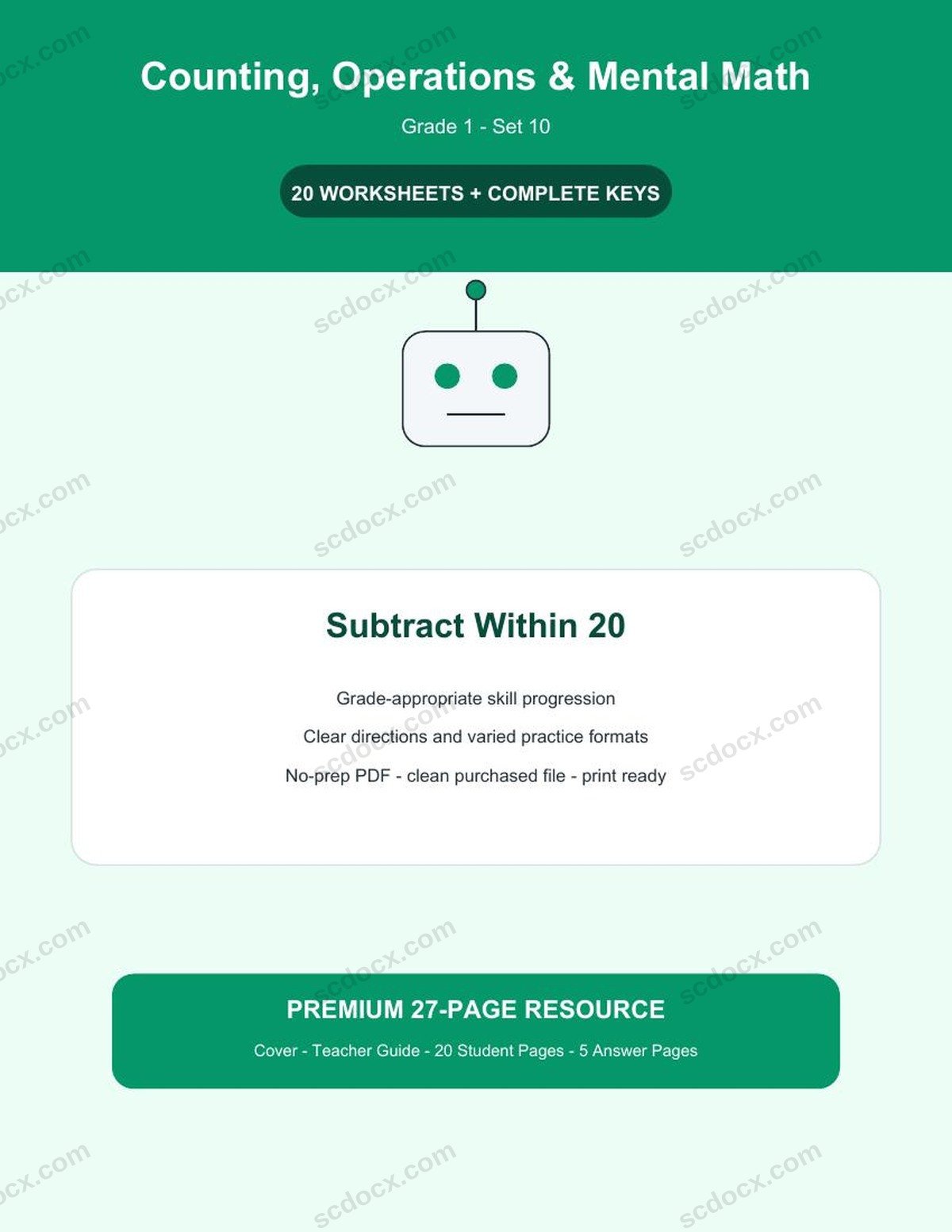 Counting, Operations & Mental Math | Grade 1 | Subtract Within 20 | 20 Worksheets + Answer Keys