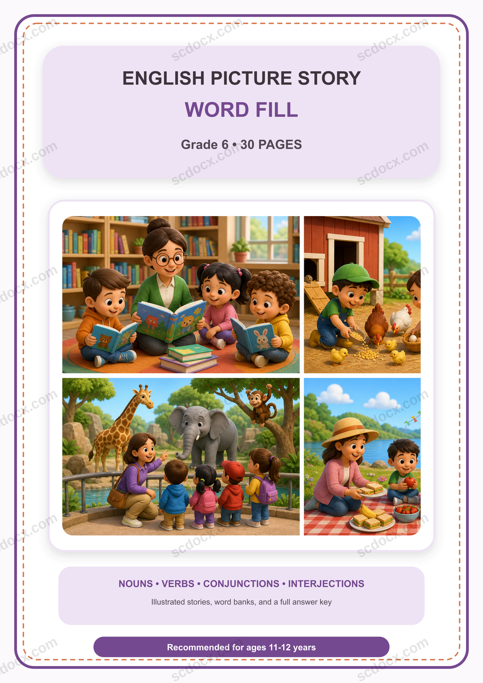 แบบฝึกเติมคำภาษาอังกฤษในเรื่องจากภาพ ป.6 | 30 หน้า พร้อมเฉลย 30 หน้า PDF + PNG