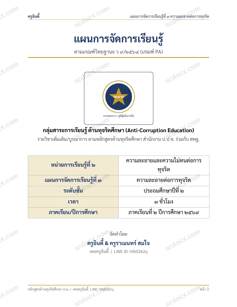 แผนการสอนประกอบการประเมิน ว.PA วิชาต้านทุจริต แผนที่ 3 เรื่อง ความละอายต่อการทุจริต ชั้น ป.2