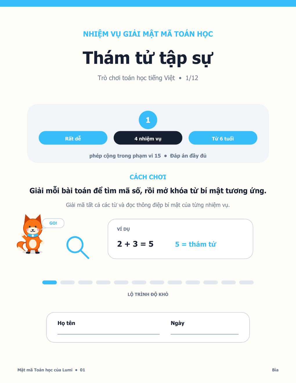 Trò chơi Mật mã Toán học Tiếng Việt 01 - Thám tử tập sự có Đáp án (MIỄN PHÍ)