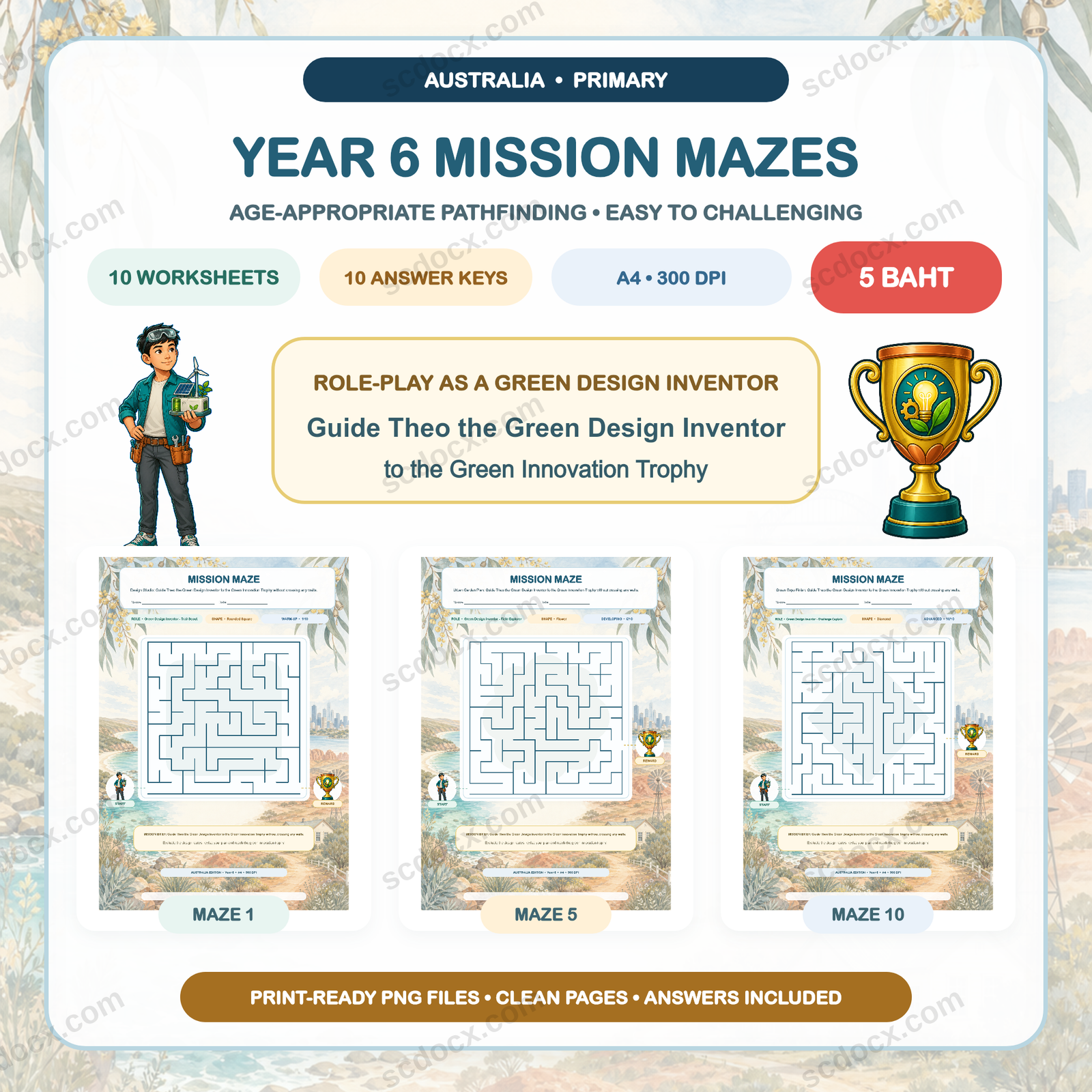 Australia Edition Mission Mazes - Year 6 (10 Worksheets + 10 Answer Keys)